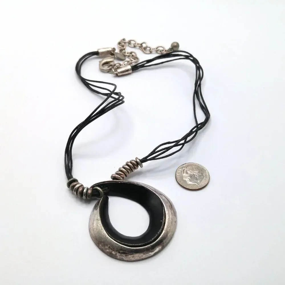 Chico's Black Enamel Pendant Necklace, Four Faux Leather Cords, Silver Tone Bead